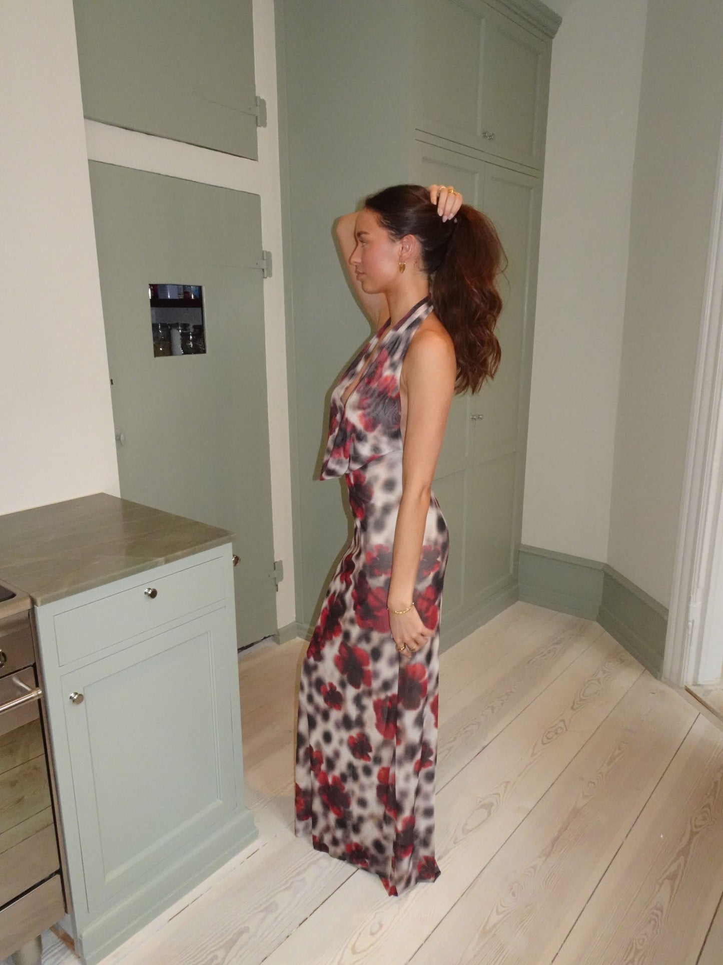 Columbine maxi dress - White/brown with red flowers